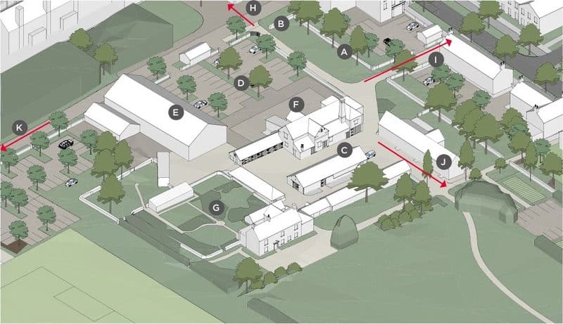 Illustrative view of Chesterton Farm and Community Centre Square as part of the Neighbourhood Centre for The Steadings (subject to change).