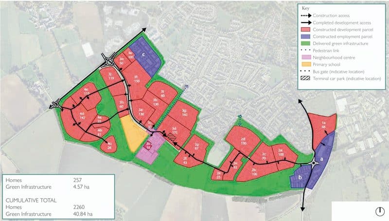 Illustrative plan for The Steadings showing each parcel, green space and employment areas (subject to change).